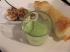 Amuse: Wachtelei mit Speckbr&ouml;seln, Pilzr&ouml;llchen und B&auml;rlauchdip