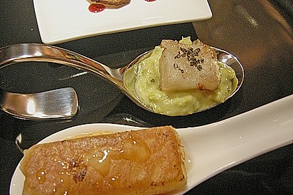 Nashi in Lardo, gebraten auf S&uuml;&szlig;kartoffel - P&uuml;ree, Asche - Salz