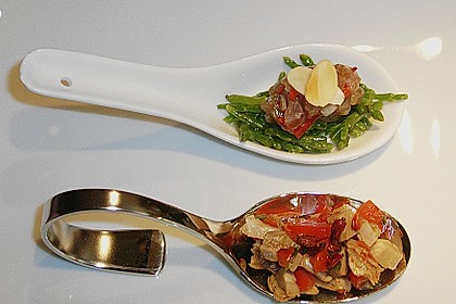 2 Amuses: Tatar vom Thunfisch auf Queller & Salat vom Zickleinbraten mit Zatar