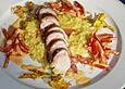 Ausgel&ouml;ster Kaninchenr&uuml;cken mit Safran - Graupen - Risotto, Paprikagem&uuml;se
