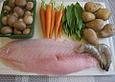 Barramundifilet und Garnele mit Pilzen, M&ouml;hren und B&auml;rlauchp&uuml;ree