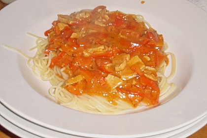Nudeln mit scharfer Puten - Paprika - Sauce