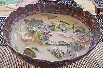 Gr&uuml;ne Kokosmilchsuppe mit H&auml;hnchen und Auberginen