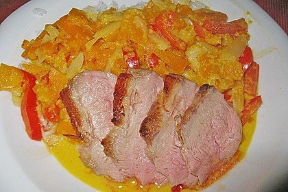 K&uuml;rbiscurry mit Paprika und Ente 5