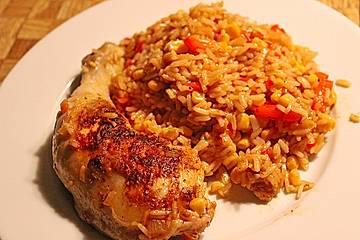 Bunte Hähnchenschenkel - Pfanne mit Reis