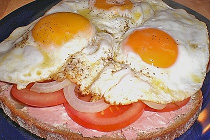 Leberwurstbrot mit Tomaten, Zwiebeln und Ei