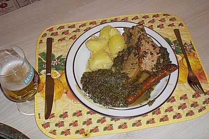 Gr&uuml;nkohl mit Kasseler, Mettw&uuml;rstchen und Kartoffeln 7
