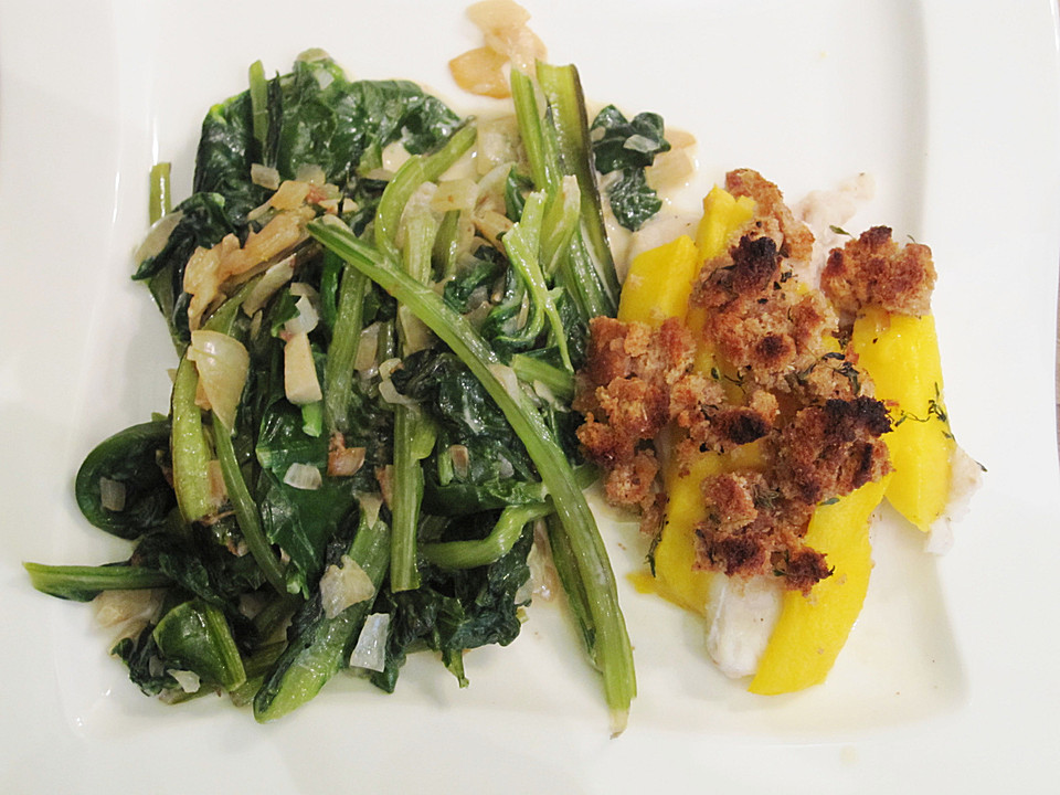 Goldbarschfilet mit Mango - Thymian - Kruste auf Rahm - Mangold (Rezept ...