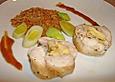 Gef&uuml;llte Kaninchenkeule mit Kartoffelr&ouml;sti und Lauchgem&uuml;se