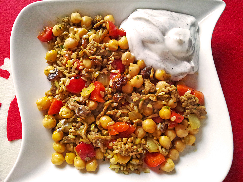 Hackfleisch-Reis-Pfanne mit Curry, Kichererbsen und Rosinen (Rezept mit ...