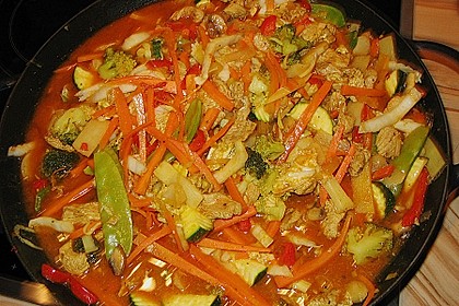 Erlesene Gem&uuml;sevariation mit Putenbruststeifen  im WOK zubereitet