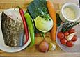 Skreitranche auf der Haut gebraten mit Schmortomaten  auf Ingwer - Gem&uuml;se - Reis