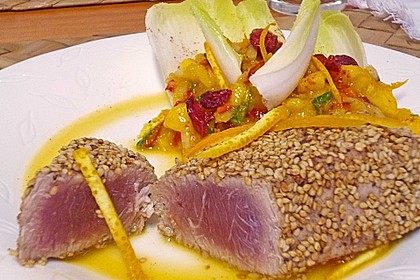Thunfischfilet in Zimt - Sesam - Kruste auf Chili - Mango - Salat 9