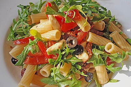 Pasta mit Rucola, Oliven und Tomaten