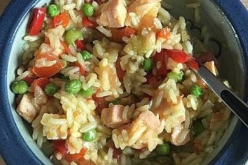 Gemüse - Reis - Pfanne mit Lachs
