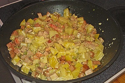 Schnelle Leberk&auml;se - Kartoffel - Gem&uuml;se - Pfanne