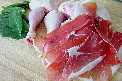 Hähnchenkeulen in Weißwein mit Serranoschinken und Salbei 9