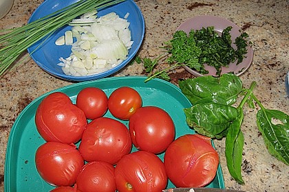 Uschis Tomatensuppe mit Frischk&auml;se und Gartenkr&auml;utern 1