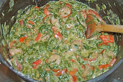 Spaghetti mit Mettw&uuml;rstchen und Spinat