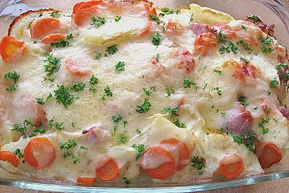 Kartoffel - Kohlrabi - Auflauf mit gekochtem Schinken 3