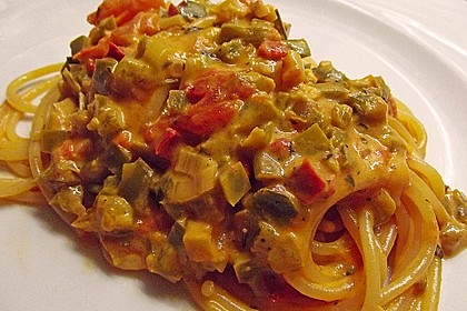 Spaghetti in cremiger Paprika - Tomaten - Frühlingszwiebel - Sauce 21