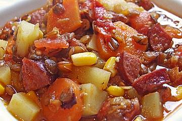 Linsen-Gemüse-Kartoffel-Topf mit Putenfleisch