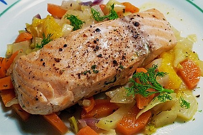 Sanft gegarter Lachs auf Möhren - Orangen - Fenchel - Gemüse 2