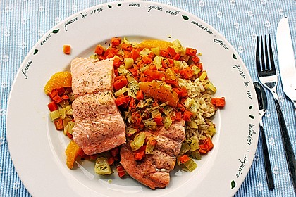 Sanft gegarter Lachs auf Möhren - Orangen - Fenchel - Gemüse 4