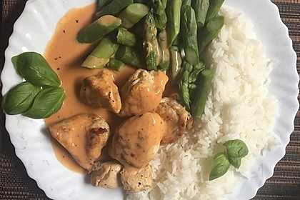 Spargel in rosa Basilikum - Käse - Sauce mit Filet vom Schwein, Huhn oder Pute 9