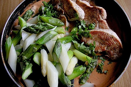 Spargel in rosa Basilikum - Käse - Sauce mit Filet vom Schwein, Huhn oder Pute 18