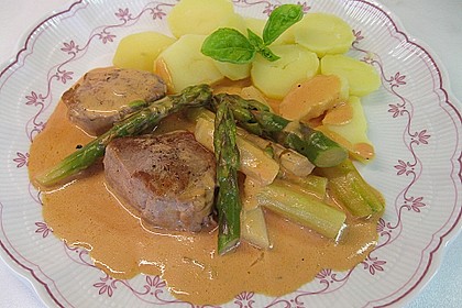 Spargel in rosa Basilikum - Käse - Sauce mit Filet vom Schwein, Huhn oder Pute 14