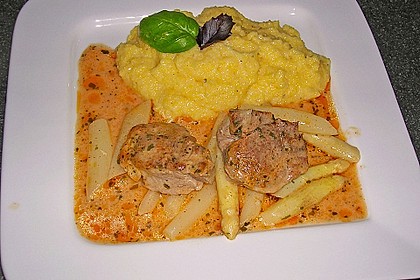Spargel in rosa Basilikum - Käse - Sauce mit Filet vom Schwein, Huhn oder Pute 37