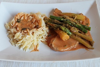 Spargel in rosa Basilikum - Käse - Sauce mit Filet vom Schwein, Huhn oder Pute 27