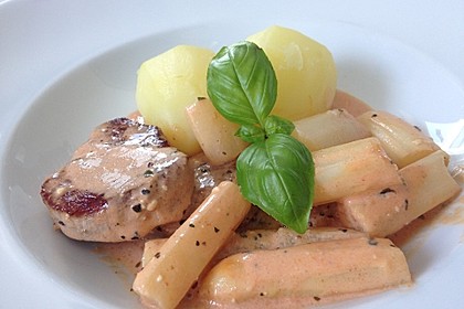 Spargel in rosa Basilikum - Käse - Sauce mit Filet vom Schwein, Huhn oder Pute 7