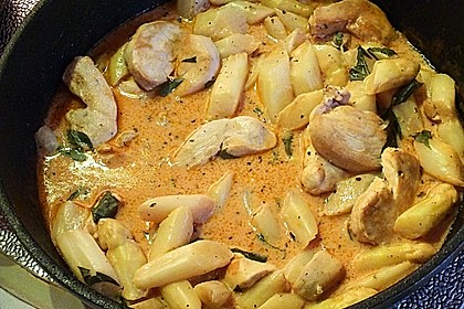 Spargel in rosa Basilikum - Käse - Sauce mit Filet vom Schwein, Huhn oder Pute 28