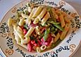 Pasta mit Kirschtomaten, gr&uuml;nen Bohnen und Speck