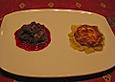 Mousse au Chocolat an Himbeersauce mit Birnensouffl&eacute; auf Birnenkompott