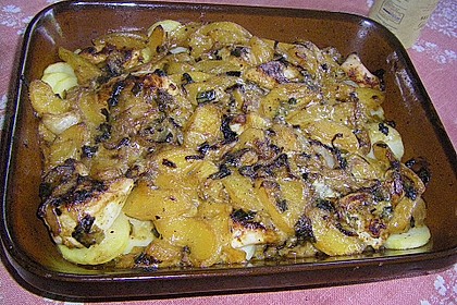 H&auml;hnchenbrust &uuml;berbacken mit Zwiebelpfirsichen