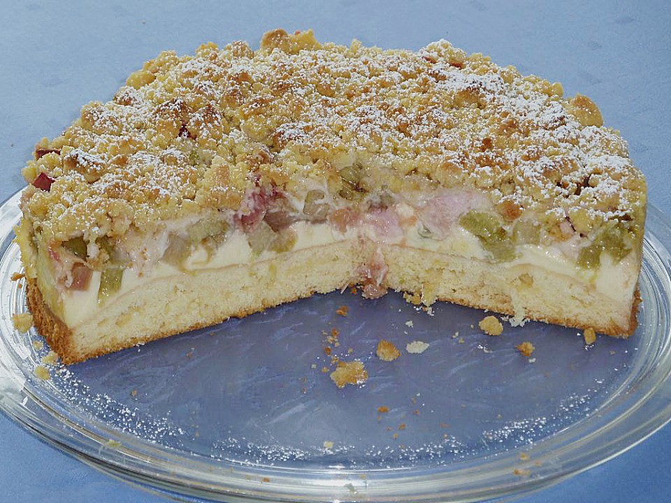 Rhabarberkuchen mit Vanillecreme und Streusel (Rezept mit Bild ...