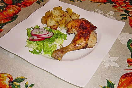 Kürbis, Kartoffeln und Hähnchenschenkel aus dem Backofen 36