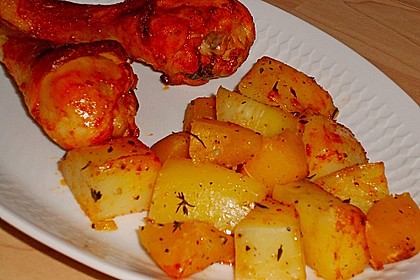 Kürbis, Kartoffeln und Hähnchenschenkel aus dem Backofen 35