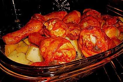 Kürbis, Kartoffeln und Hähnchenschenkel aus dem Backofen 70
