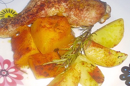 Kürbis, Kartoffeln und Hähnchenschenkel aus dem Backofen 41