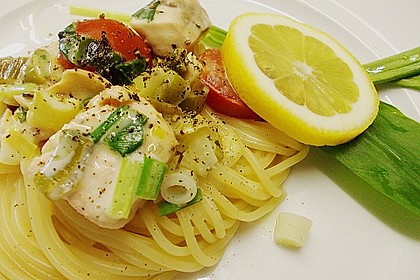 Wildlachs in B&auml;rlauch-Sahne Sauce an Spaghetti