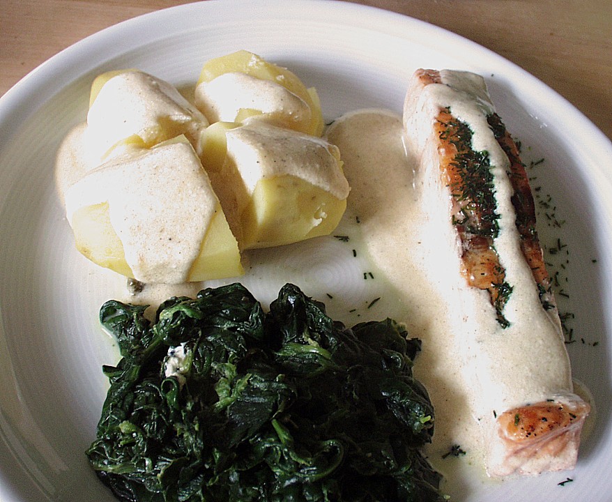 Lachs in Zitronensauce mit Spinat und Kartoffeln (Rezept mit Bild ...