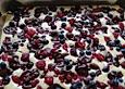 Puddingkuchen mit Sauerrahm und Waldbeeren