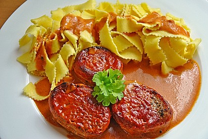 Schweinefilets mit Bacon und Tomatensahnesoße überbacken 9