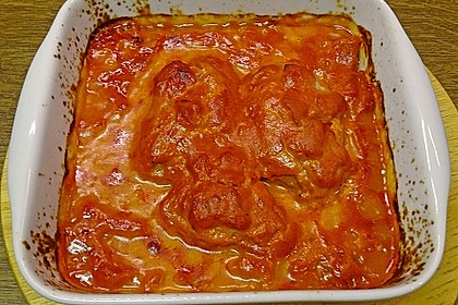 Schweinefilets mit Bacon und Tomatensahnesoße überbacken 14