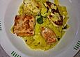 Knoblauchspaghetti mit Lachs und Halloumi
