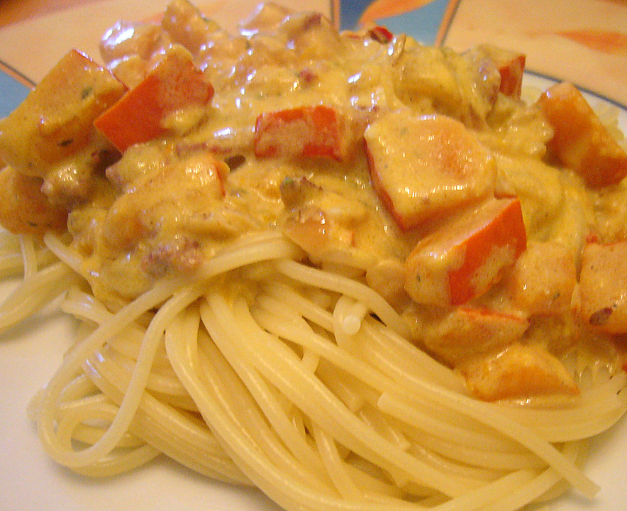 Spaghetti mit Kürbis-Schinken-Frischkäse-Sauce (Rezept mit Bild ...